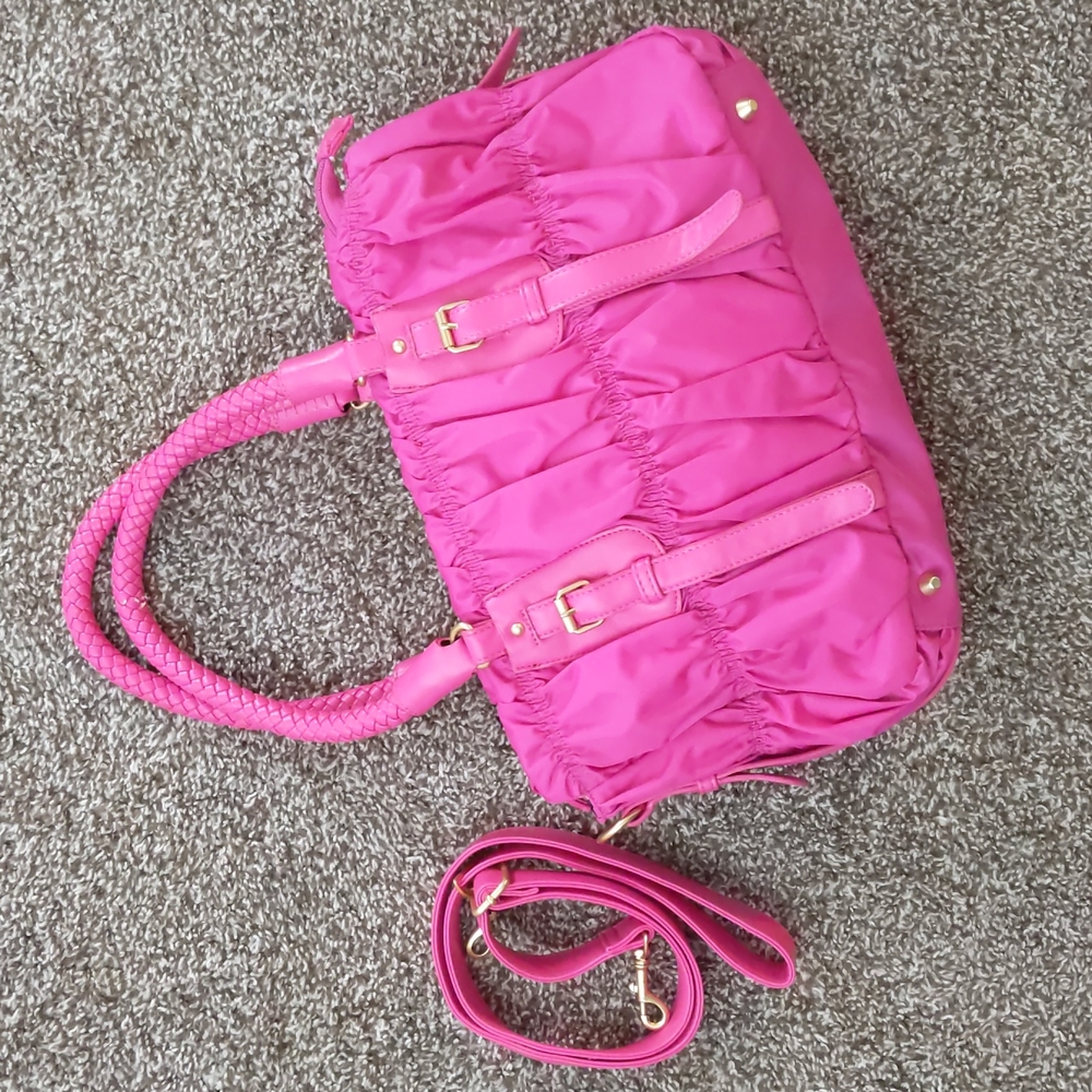 Stunning Hot Pink Ruched Nylon Sondra Roberts Bag w/Detachable Crossbody Strap